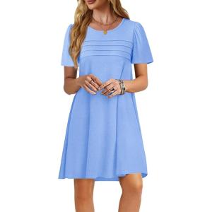 imageImily Bela Womens Summer Casual T Shirt Dress Short Sleeve Crewneck Pleated Front Loose Beach Flowy Mini DressesLight Blue