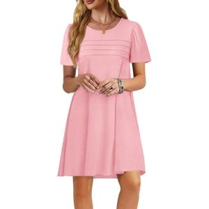 imageImily Bela Womens Summer Casual T Shirt Dress Short Sleeve Crewneck Pleated Front Loose Beach Flowy Mini DressesLight Pink
