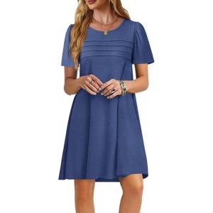 imageImily Bela Womens Summer Casual T Shirt Dress Short Sleeve Crewneck Pleated Front Loose Beach Flowy Mini DressesNavy