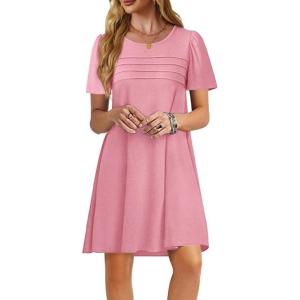 imageImily Bela Womens Summer Casual T Shirt Dress Short Sleeve Crewneck Pleated Front Loose Beach Flowy Mini DressesPink