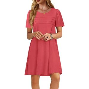 imageImily Bela Womens Summer Casual T Shirt Dress Short Sleeve Crewneck Pleated Front Loose Beach Flowy Mini DressesRed