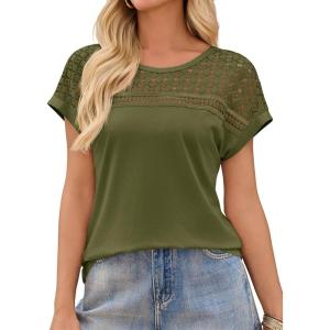imageImily Bela Womens Summer Tops Dressy Casual Short Sleeve Lace Trendy Shirts Crewneck T Shirt Hollow Out Loose BlousesArmy Green