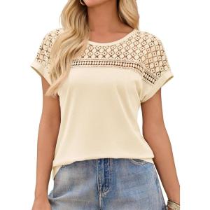 imageImily Bela Womens Summer Tops Dressy Casual Short Sleeve Lace Trendy Shirts Crewneck T Shirt Hollow Out Loose BlousesBeige