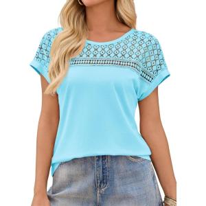 imageImily Bela Womens Summer Tops Dressy Casual Short Sleeve Lace Trendy Shirts Crewneck T Shirt Hollow Out Loose BlousesBluegreen