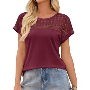imageImily Bela Womens Summer Tops Dressy Casual Short Sleeve Lace Trendy Shirts Crewneck T Shirt Hollow Out Loose BlousesBurgundy