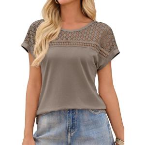 imageImily Bela Womens Summer Tops Dressy Casual Short Sleeve Lace Trendy Shirts Crewneck T Shirt Hollow Out Loose BlousesCoffee