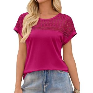 imageImily Bela Womens Summer Tops Dressy Casual Short Sleeve Lace Trendy Shirts Crewneck T Shirt Hollow Out Loose BlousesFuchsia