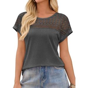 imageImily Bela Womens Summer Tops Dressy Casual Short Sleeve Lace Trendy Shirts Crewneck T Shirt Hollow Out Loose BlousesGrey