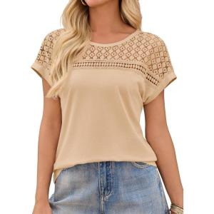 imageImily Bela Womens Summer Tops Dressy Casual Short Sleeve Lace Trendy Shirts Crewneck T Shirt Hollow Out Loose BlousesKhaki