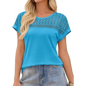 imageImily Bela Womens Summer Tops Dressy Casual Short Sleeve Lace Trendy Shirts Crewneck T Shirt Hollow Out Loose BlousesLake Blue