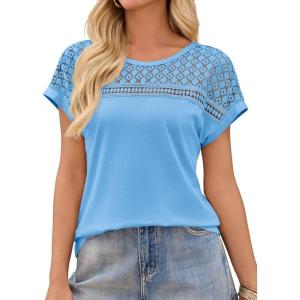 imageImily Bela Womens Summer Tops Dressy Casual Short Sleeve Lace Trendy Shirts Crewneck T Shirt Hollow Out Loose BlousesLight Blue