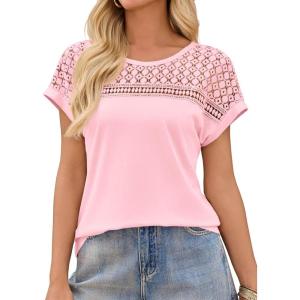 imageImily Bela Womens Summer Tops Dressy Casual Short Sleeve Lace Trendy Shirts Crewneck T Shirt Hollow Out Loose BlousesLight Pink