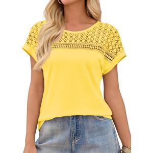 imageImily Bela Womens Summer Tops Dressy Casual Short Sleeve Lace Trendy Shirts Crewneck T Shirt Hollow Out Loose BlousesLight Yellow