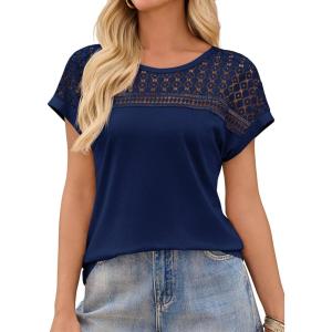 imageImily Bela Womens Summer Tops Dressy Casual Short Sleeve Lace Trendy Shirts Crewneck T Shirt Hollow Out Loose BlousesNavy