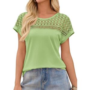 imageImily Bela Womens Summer Tops Dressy Casual Short Sleeve Lace Trendy Shirts Crewneck T Shirt Hollow Out Loose BlousesOlive Drab