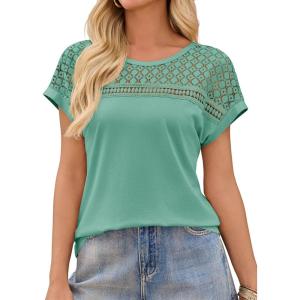 imageImily Bela Womens Summer Tops Dressy Casual Short Sleeve Lace Trendy Shirts Crewneck T Shirt Hollow Out Loose BlousesOlive Green