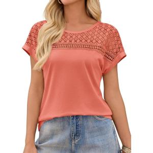 imageImily Bela Womens Summer Tops Dressy Casual Short Sleeve Lace Trendy Shirts Crewneck T Shirt Hollow Out Loose BlousesOrange Red