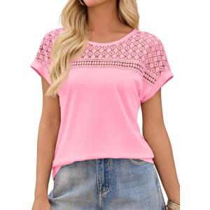imageImily Bela Womens Summer Tops Dressy Casual Short Sleeve Lace Trendy Shirts Crewneck T Shirt Hollow Out Loose BlousesPink