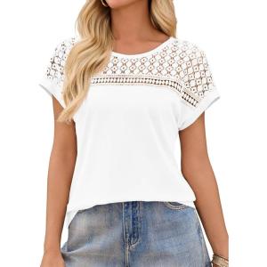 imageImily Bela Womens Summer Tops Dressy Casual Short Sleeve Lace Trendy Shirts Crewneck T Shirt Hollow Out Loose BlousesWhite