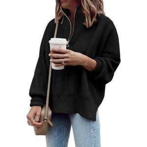 imageImily Bela Womens Tunic Sweater Fall Long Sleeve 14 Zip Pullover Sweaters Oversized Slouchy Ribbed Knit Sweatshirt with SlitBlack
