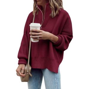 imageImily Bela Womens Tunic Sweater Fall Long Sleeve 14 Zip Pullover Sweaters Oversized Slouchy Ribbed Knit Sweatshirt with SlitBurgundy