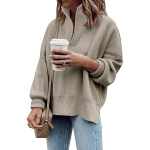 imageImily Bela Womens Tunic Sweater Fall Long Sleeve 14 Zip Pullover Sweaters Oversized Slouchy Ribbed Knit Sweatshirt with SlitCoffee