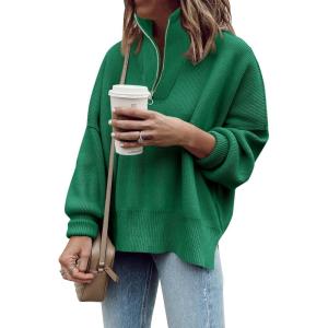 imageImily Bela Womens Tunic Sweater Fall Long Sleeve 14 Zip Pullover Sweaters Oversized Slouchy Ribbed Knit Sweatshirt with SlitDark Green