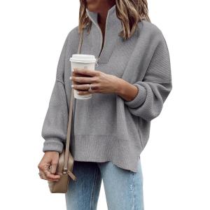 imageImily Bela Womens Tunic Sweater Fall Long Sleeve 14 Zip Pullover Sweaters Oversized Slouchy Ribbed Knit Sweatshirt with SlitGray