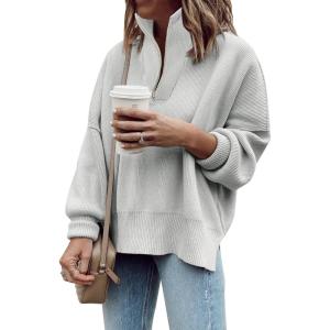 imageImily Bela Womens Tunic Sweater Fall Long Sleeve 14 Zip Pullover Sweaters Oversized Slouchy Ribbed Knit Sweatshirt with SlitLight Gray