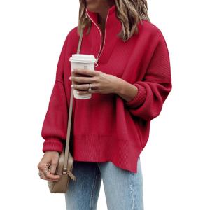 imageImily Bela Womens Tunic Sweater Fall Long Sleeve 14 Zip Pullover Sweaters Oversized Slouchy Ribbed Knit Sweatshirt with SlitRed