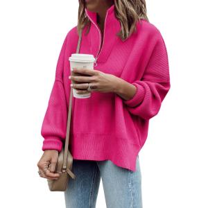 imageImily Bela Womens Tunic Sweater Fall Long Sleeve 14 Zip Pullover Sweaters Oversized Slouchy Ribbed Knit Sweatshirt with SlitRose Red
