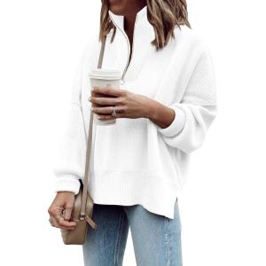 imageImily Bela Womens Tunic Sweater Fall Long Sleeve 14 Zip Pullover Sweaters Oversized Slouchy Ribbed Knit Sweatshirt with SlitWhite