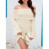 imageImily Bela Womens Beach Swimsuit Cover Ups Summer Off The Shoulder Long Bell Sleeve Sheer Mini DressBeige