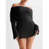 imageImily Bela Womens Beach Swimsuit Cover Ups Summer Off The Shoulder Long Bell Sleeve Sheer Mini DressBlack
