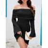 imageImily Bela Womens Beach Swimsuit Cover Ups Summer Off The Shoulder Long Bell Sleeve Sheer Mini DressBlack