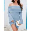 imageImily Bela Womens Beach Swimsuit Cover Ups Summer Off The Shoulder Long Bell Sleeve Sheer Mini DressBlue