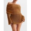 imageImily Bela Womens Beach Swimsuit Cover Ups Summer Off The Shoulder Long Bell Sleeve Sheer Mini DressBrown