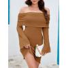 imageImily Bela Womens Beach Swimsuit Cover Ups Summer Off The Shoulder Long Bell Sleeve Sheer Mini DressBrown