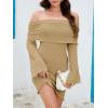 imageImily Bela Womens Beach Swimsuit Cover Ups Summer Off The Shoulder Long Bell Sleeve Sheer Mini DressKhaki