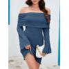 imageImily Bela Womens Beach Swimsuit Cover Ups Summer Off The Shoulder Long Bell Sleeve Sheer Mini DressNavy