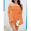 imageImily Bela Womens Beach Swimsuit Cover Ups Summer Off The Shoulder Long Bell Sleeve Sheer Mini DressOrange