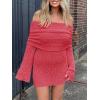 imageImily Bela Womens Beach Swimsuit Cover Ups Summer Off The Shoulder Long Bell Sleeve Sheer Mini DressRed