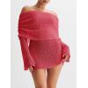 imageImily Bela Womens Beach Swimsuit Cover Ups Summer Off The Shoulder Long Bell Sleeve Sheer Mini DressRed