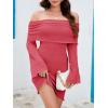 imageImily Bela Womens Beach Swimsuit Cover Ups Summer Off The Shoulder Long Bell Sleeve Sheer Mini DressRed