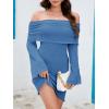 imageImily Bela Womens Beach Swimsuit Cover Ups Summer Off The Shoulder Long Bell Sleeve Sheer Mini DressRoyal Blue