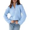 imageImily Bela Womens Cable Knit Half Zip Sweater V Neck Collared Fall Trendy Oversized Long Sleeve Pullover TopsLight Blue