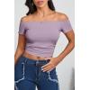 imageImily Bela Womens Off The Shoulder Tops Short Sleeve Top Quick Dry T Shirts Trendy Y2k Going Out Crop Tops Slim Fit 2025Violet