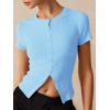 imageImily Bela Womens Short Sleeve Sweater Tops Summer Button Down Casual Ribbed Knit Slim Fit Cropped Cardigan ShirtsSky Blue