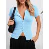 imageImily Bela Womens Short Sleeve Sweater Tops Summer Button Down Casual Ribbed Knit Slim Fit Cropped Cardigan ShirtsSky Blue