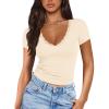 imageImily Bela Womens Sexy V Neck T Shirts Summer Lace Short Sleeve Slim Fit Y2k Going Out Crop TopsBeige